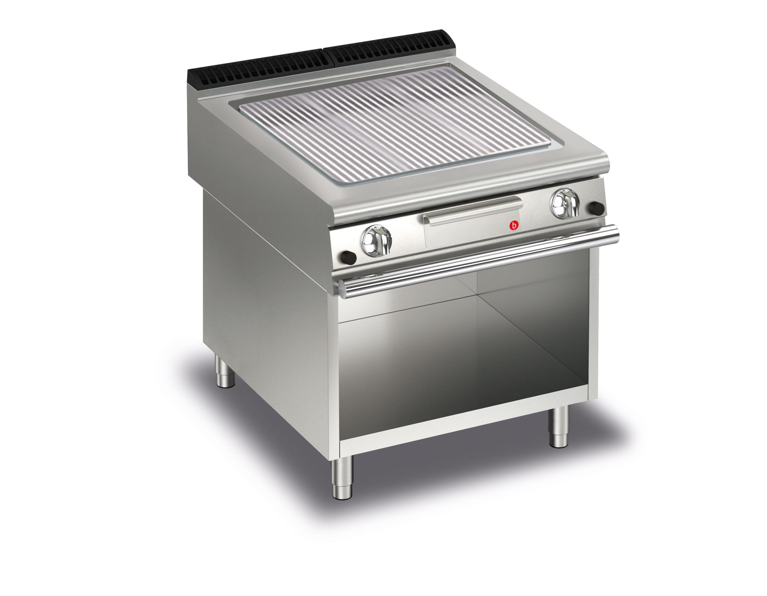 CR1653369-scaled-1.jpg Gas stekhäll BARON Q70SFTV/G813 med räfflat stekplatta i AISI430, på öppet stativ, 800x700mm, 12kW - Image 1