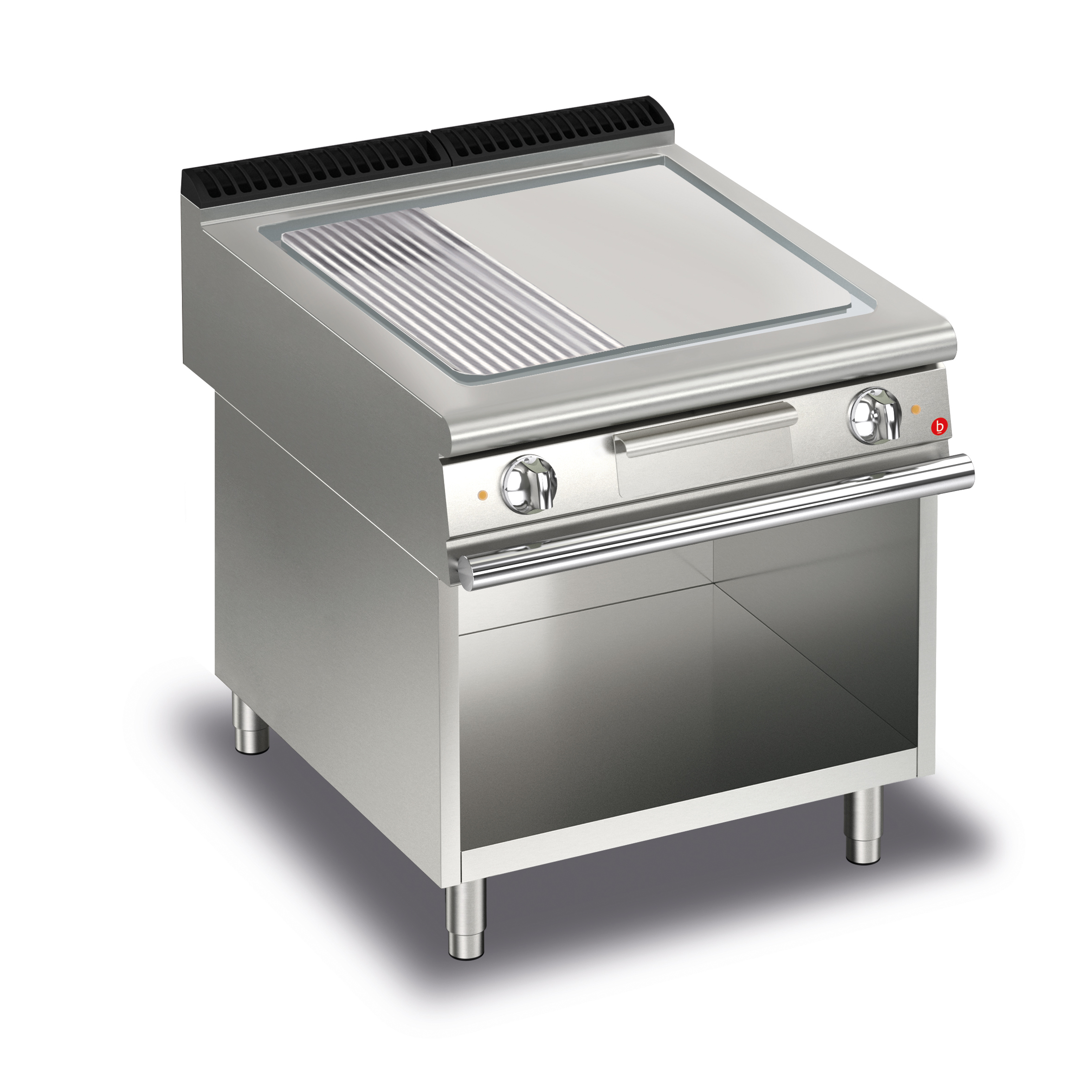 CR1653719.jpg Elektrisk stekhäll BARON Q70SFTV/E825 med slät & 1/3 räfflad kromat stekplatta, på öppet stativ, 800x700mm, 10,8kW - Image 1