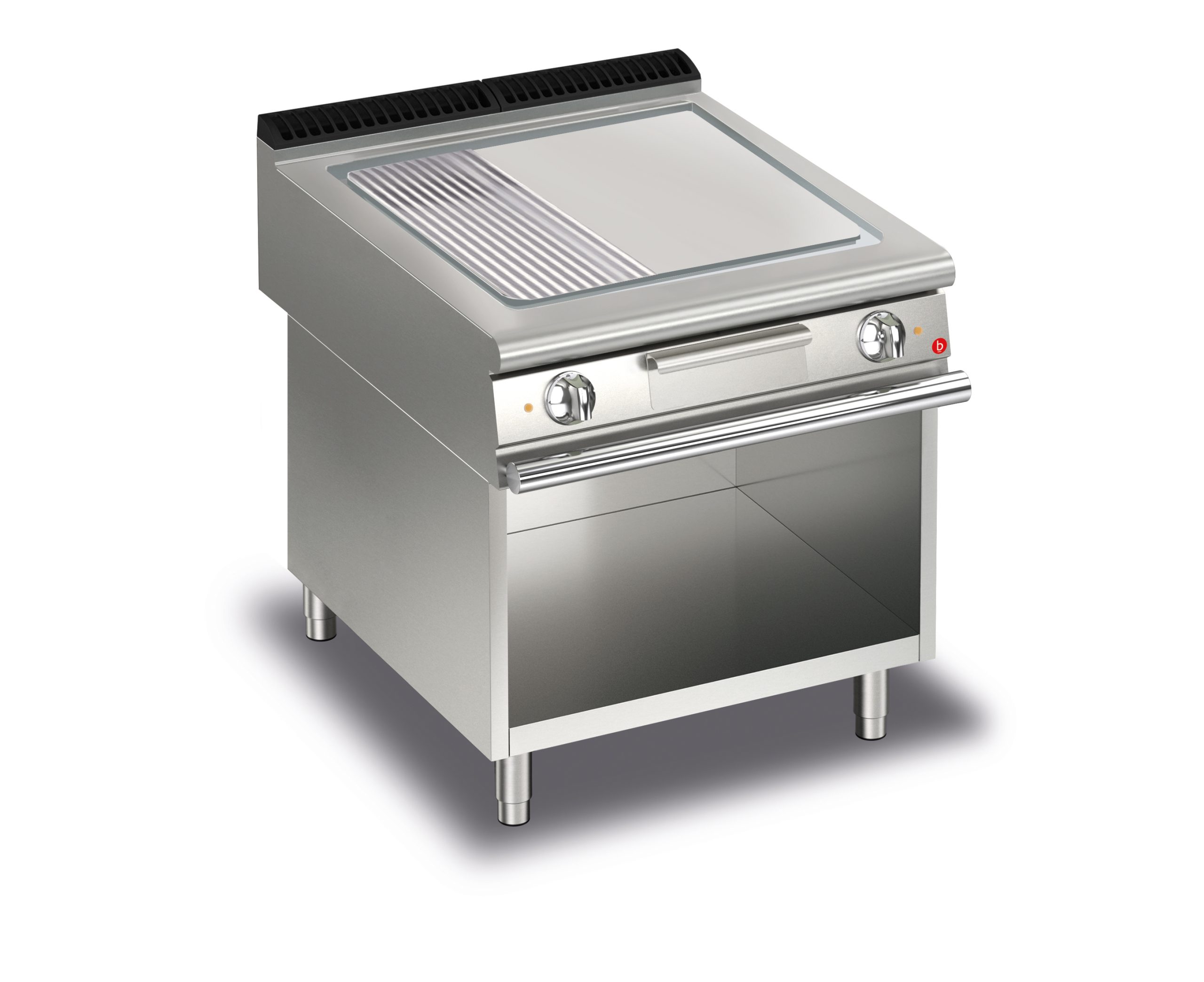 CR1654999-scaled-1.jpg Elektrisk stekhäll BARON Q90SFTV/E825 med slät & 1/3 räfflat kromat stekplatta, på öppet stativ, 800x900mm, 15kW - Image 1