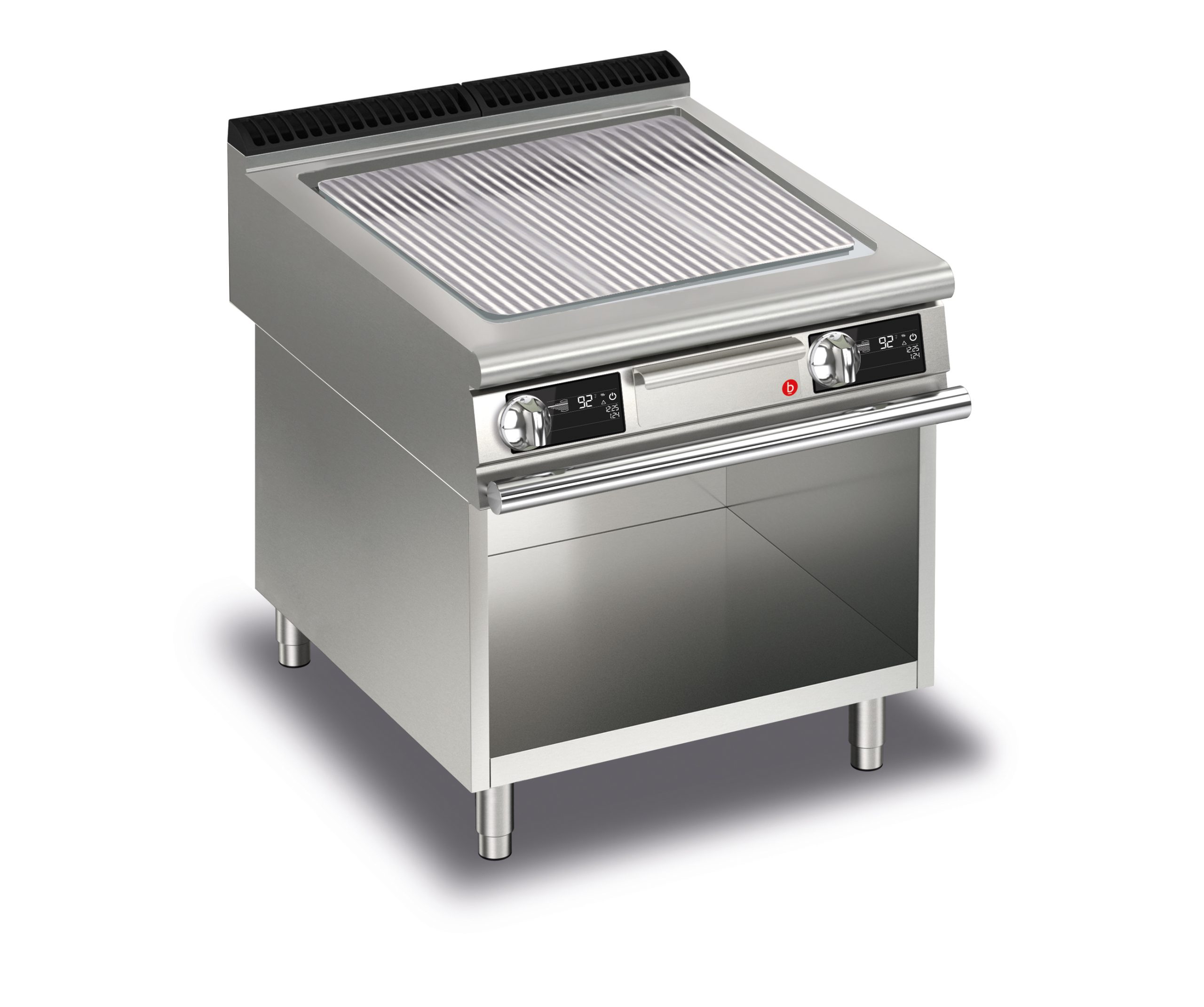 CR1655149T4W-scaled-1.jpg Elektrisk stekhäll BARON QT90SFTV/E813-T4W med räfflat stekplatta i AISI430 stål, på öppet stativ, 800x900mm, 15kW, Touchscreen - Image 1